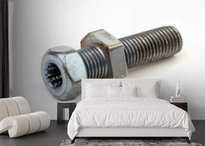 a bolt with a screwed nut isolated on a white background 3/4 view. Wall mural