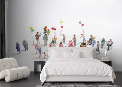 a mini people with family holding balloon on the board Wall mural