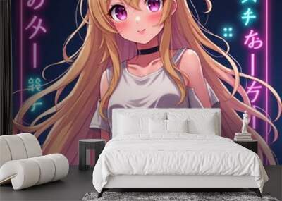 A young female character with long blonde hair, depicted in a casual attire that highlights her youthful charm and innocence. anime fan art. Illustration  Wall mural