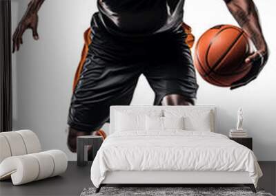 action shot of an african american basketball player moving and playing, isolated on a white or transparent background png, professional basket ball athlete studio shot Wall mural