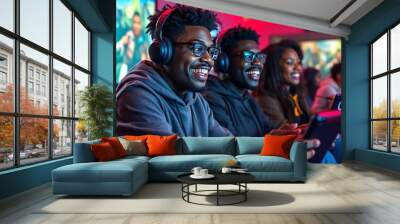 African american man gamer playing video games with his friends and having fun gameroom  Wall mural