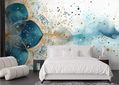 arabic watercolor banner on a white background, beautiful arabesque details decor, blue and golden islamic muslim patterns, generative AI Wall mural