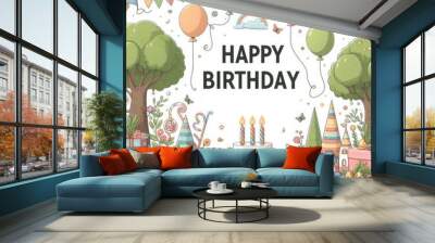 birthday cards card with a cake and balloons art realistic harmony illustrator Wall mural