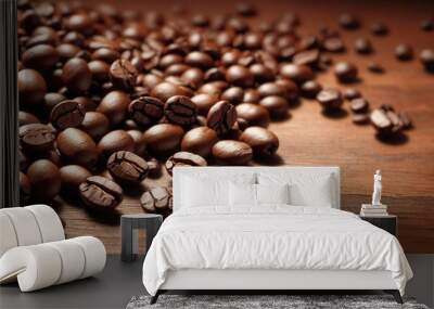 Coffee beans on wooden background. Wall mural