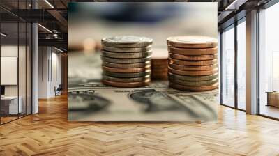 Coins piled on 100-dollar bills Wall mural