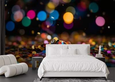 confetti falling on the floor in front of a colorful background with bokeh defocused lights, party and celebration concept, new year, birthday or carnival, cleaning trash after celebrate Wall mural