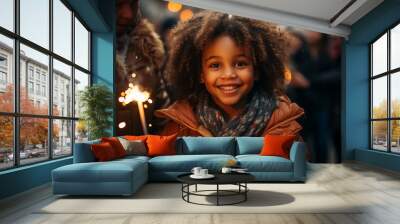 cute little african american girl holding a sparkler outdoors at night on winter time, snow falling, christmas and happy new year celebration Wall mural