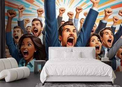 Excited diverse business team employees screaming celebrating good news with their fists up in the air diverse professional   Wall mural