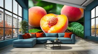 Freshly harvested peaches and nectarines are on the table. Wall mural