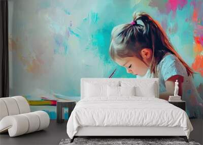 Girl's painting at desk, education idea Wall mural