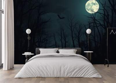 Halloween background with a dark eerie forest and a full moon casting shadows backgrounds for halloween Illustration  Wall mural