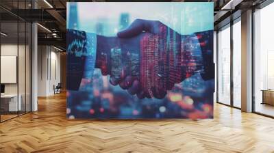 Handshake, charts, and city backdrop. Wall mural