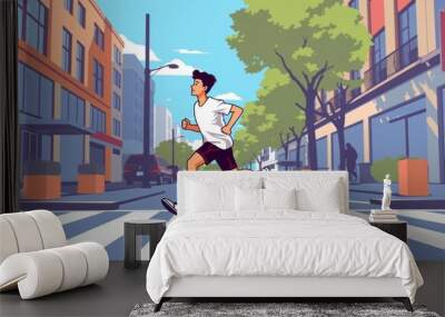 Happy young man running so fast on city street illustration of beautiful sunny day sport outdoor sports Illustration Wall mural