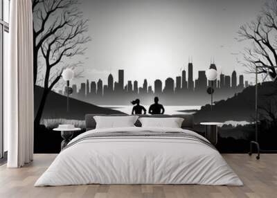 Illustration of two runners jogging along a scenic pathway at sunrise surrounded by nature and modern cityscape elements silhouette runner Illustration  Wall mural