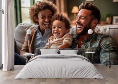 male gay couple family with a child smiling in the living room having a good time the three together sitting on the couch sofa, kid with two fathers, fathers day LGBT, generative AI Wall mural