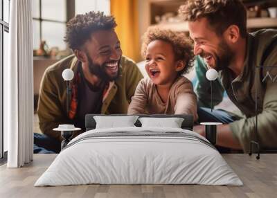 male gay couplle family with a child smiling in the living room having a good time the three together sitting on the floor playing, kid with two fathers, fathers day LGBT, generative AI Wall mural