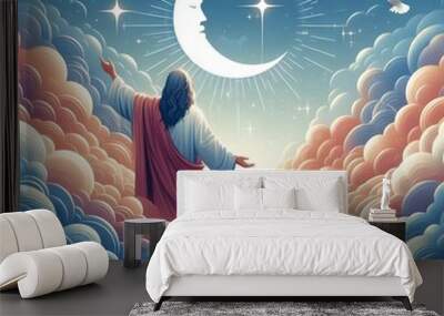 Man in Robes Stands in Clouds Gazing at the Crescent Moon Wall mural