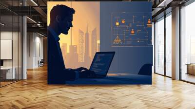 man working on a laptop, modern office setting, blue and orange lighting contrast, cityscape view in the background, digital security interface, business environment, professional atmosphere, tech-foc Wall mural