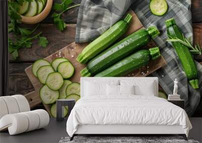 Mini Zucchinis on rustic wooden board with napkin and knife. Top View Wall mural