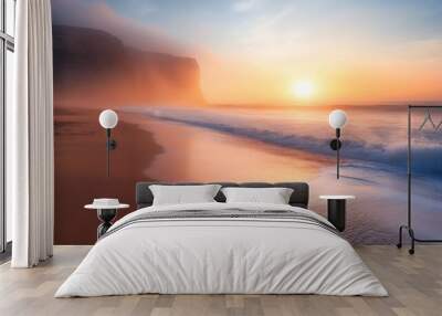 Mist-soaked Portuguese beach at sunrise Wall mural