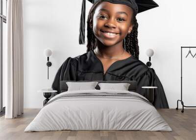 portrait of an african american student graduated from university college study, png isolated on a white or transparent background; black girl female adult graduate smiling wearing gown and cap hat Wall mural