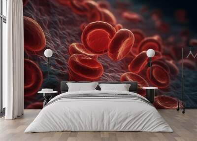 red blood cells floating into the blood flow, hyperrealistic microscope photography, generative AI Wall mural