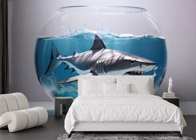 Shark swimming in a fishbowl.  Wall mural