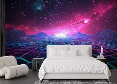 Synthwave wireframe net illustration. Abstract digital background. 80s, 90s Retro futurism, Retro wave cyber grid. Deep space surfaces. Neon lights glowing. Starry background. Vector 3D Rendering Wall mural