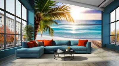 the AI Image Generator, seascape and palm tree, blur bokeh light of calm sea and sky Wall mural