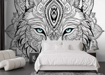 Wolf face colored with water colors and mandala decorations mandala  Wall mural