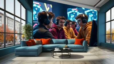 Young cybersport gamer discussing strategy with his diverse team in a gameroom gameroom  Wall mural