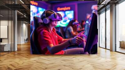 Young gamer playing to new video games with virtual reality experience - youth people entertainment and technology concept gameroom  Wall mural