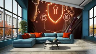 Business people working together glowing hologram with cyber security icons managing risk Wall mural