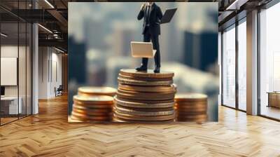 Miniature people: business man standing with stack of coins lap top bar graph on blurred city scape and copy space using as background business money investment plan real estate property managing risk Wall mural