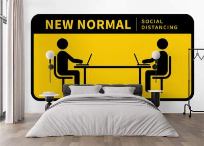 After the epidemic the Covid-19. People change to new normal. Social distancing. People working on laptops. Keep the 2 meter distance. Coronovirus epidemic protective. Vector illustration Wall mural