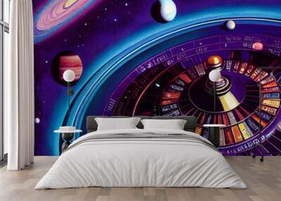 Roulette table as a galaxy out in space, planets orbit nearby and nebulae fill out the background Wall mural