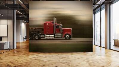 Bright red modern big rig semi truck and trailer in motion on a highway Wall mural