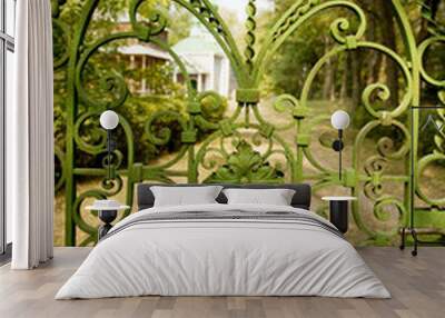 Green wrought iron gate to the estate with a floral pattern Wall mural