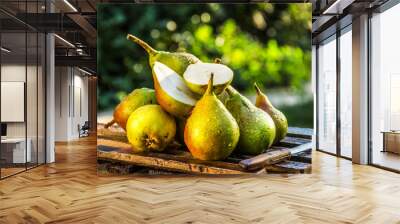 Juicy fresh pears on an old wooden board. Juicy ripe pears in a sunny garden. Harvesting. Garden fruits Wall mural