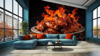 Buffalo chicken wings with hot sauce topping and fire fire on a plate isolated in black background Wall mural