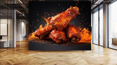 Chicken wings with hot sauce topping and fire on black background Wall mural