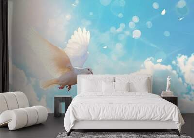 Funeral background with white doves flying in the blue sky, copy space for text Wall mural