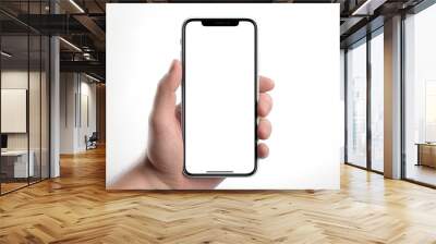 Mobile phone with a plain white screen is being held by someone in his left hand. Suitable for technology-themed design mockups, mobile app advertisements and smartphone accessory promotional material Wall mural