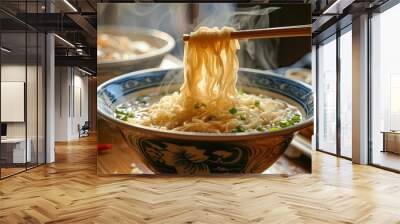 Noodle soup in a bowl held with chopsticks Wall mural