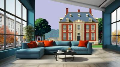 A traditional 18th century English mansion house with a park and trees in the background. Handmade drawing vector illustration. Wall mural