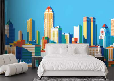 Cityscape overlooking high-rise corporate buildings in the commercial and financial center and luxury condominiums in the city center. Handmade drawing vector illustration. Pop art style poster. Wall mural