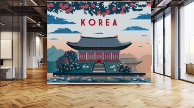 Early in the morning at a Buddhist temple in South Korea. Handmade drawing vector illustration. Vintage style. Wall mural