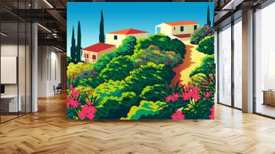 Mediterranean romantic landscape. Handmade drawing vector illustration. Wall mural