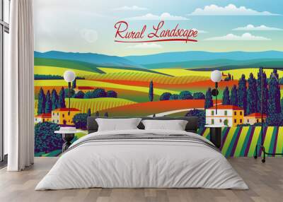 Rural landscape with farms, meadows, fields, trees, forests, mountains in the background Wall mural