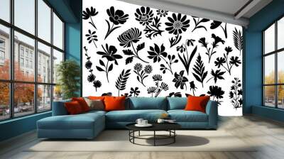 Set of flower and leaves silhouettes. Hand drawn floral design elements. Black and white outlines of wild and garden flowers and leaves isolated on white background. Wall mural